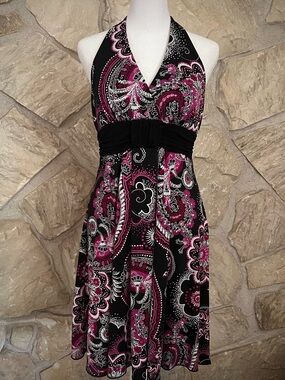Halter Paisley Print Dress in Black & Fuchsia L